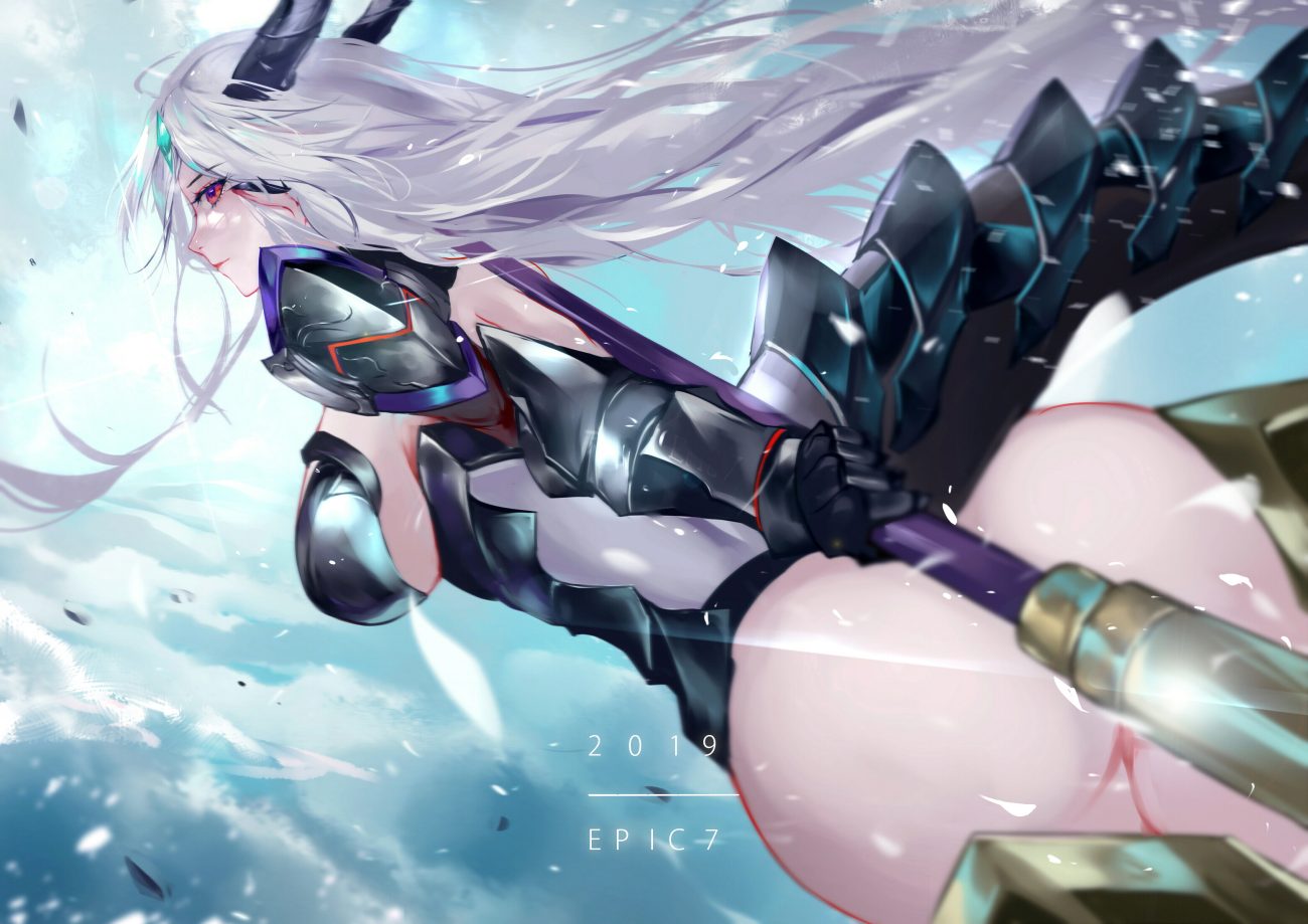 armor ass bottomless breasts clouds epic7 gray hair horns long hair luna (epic7) pointed ears red eyes sky spear tail vardan weapon