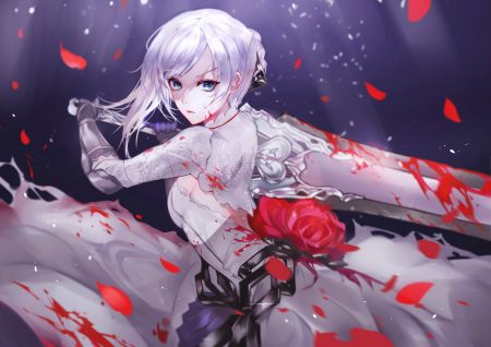 aqua eyes armor blood braids dress flowers gloves petals rose short hair sinoalice snow white (sinoalice) sword vardan weapon white hair