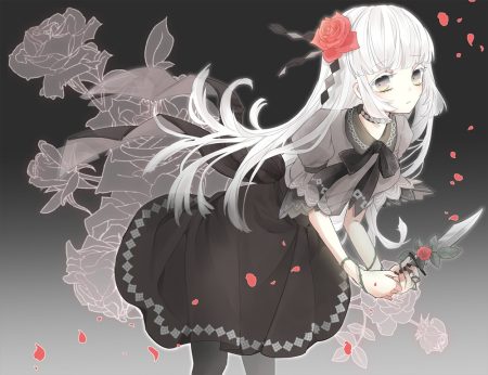 choker dress flowers gothic gradient gray gray eyes knife long hair original pantyhose petals ringoro rose weapon white hair
