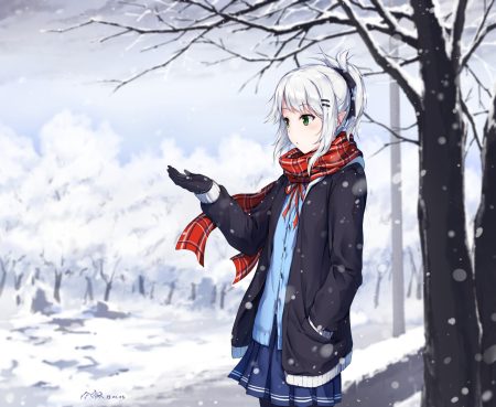 gloves green eyes original pointed ears ponytail scarf school uniform shibanme tekikumo short hair skirt snow tree white hair winter