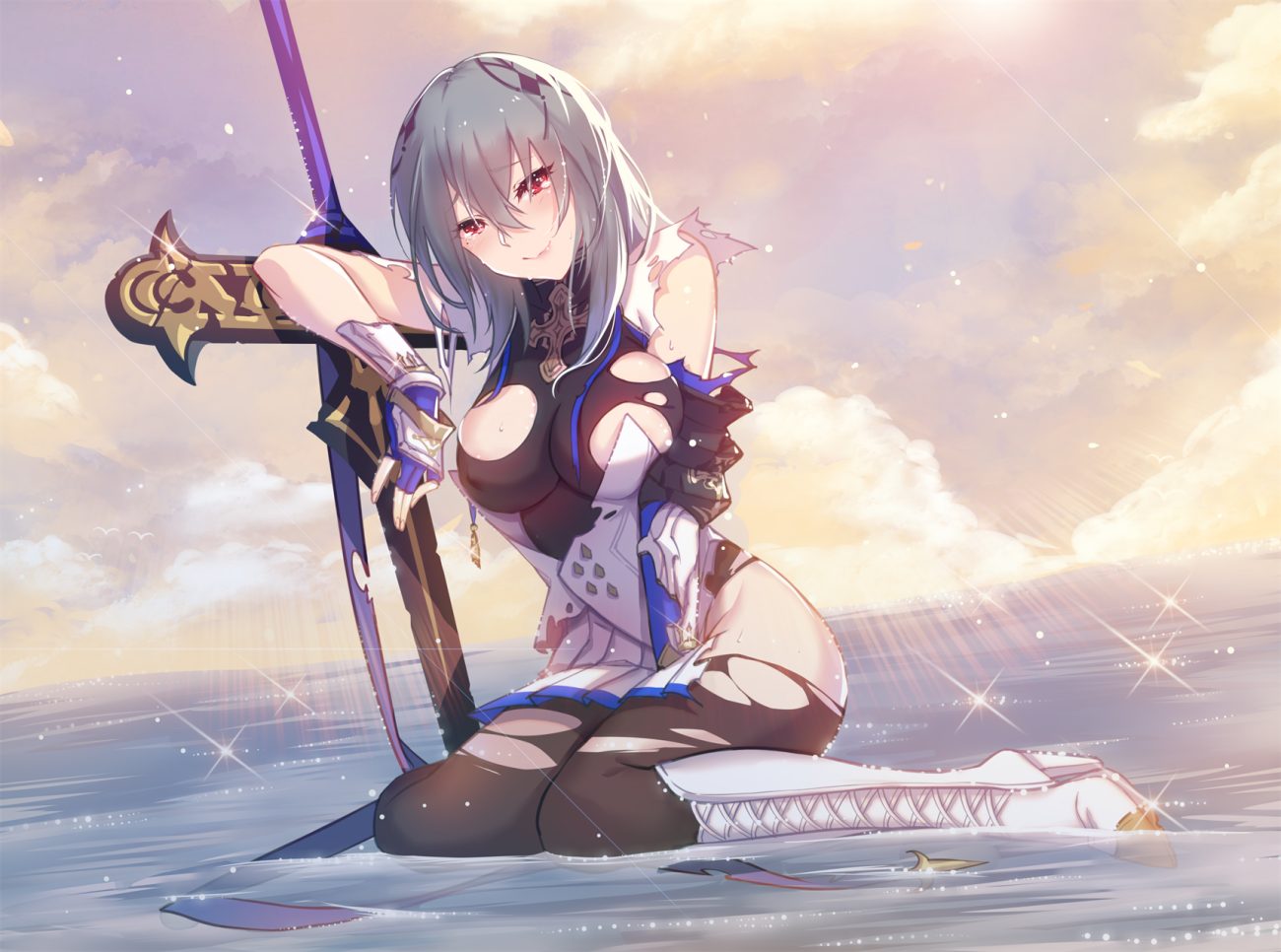 anthropomorphism azur lane bodysuit boots breasts clouds erect nipples gloves gray hair long hair nopan pantyhose red eyes saint-louis (azur lane) skirt sky sword torn clothes water weapon xion32