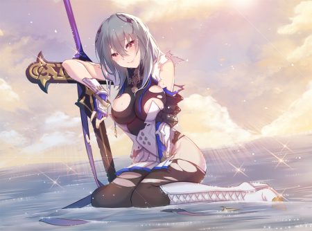 anthropomorphism azur lane bodysuit boots breasts clouds erect nipples gloves gray hair long hair nopan pantyhose red eyes saint-louis (azur lane) skirt sky sword torn clothes water weapon xion32