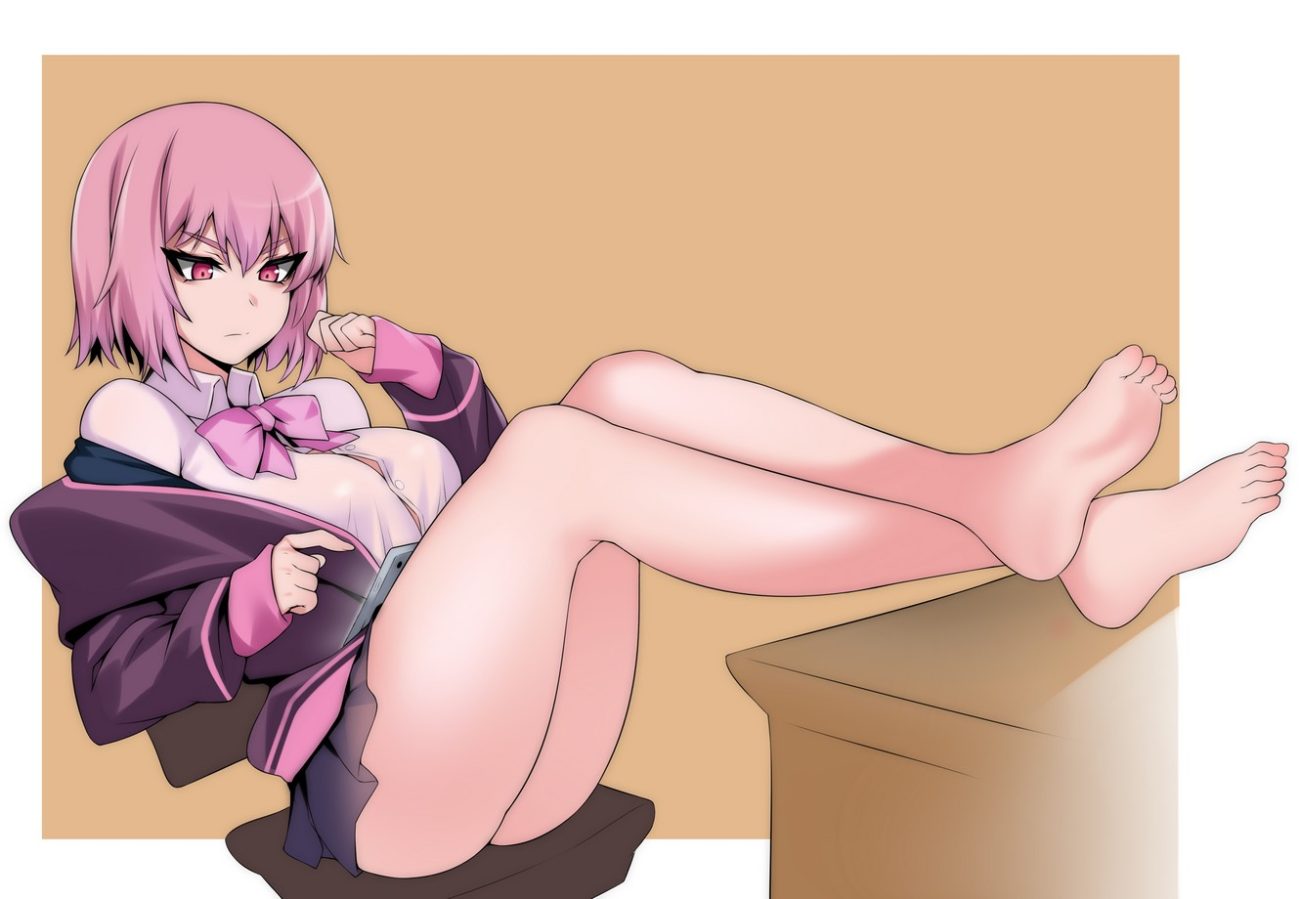 barefoot bow computer hevn pink eyes pink hair school uniform shinjou akane short hair skirt ssss.gridman
