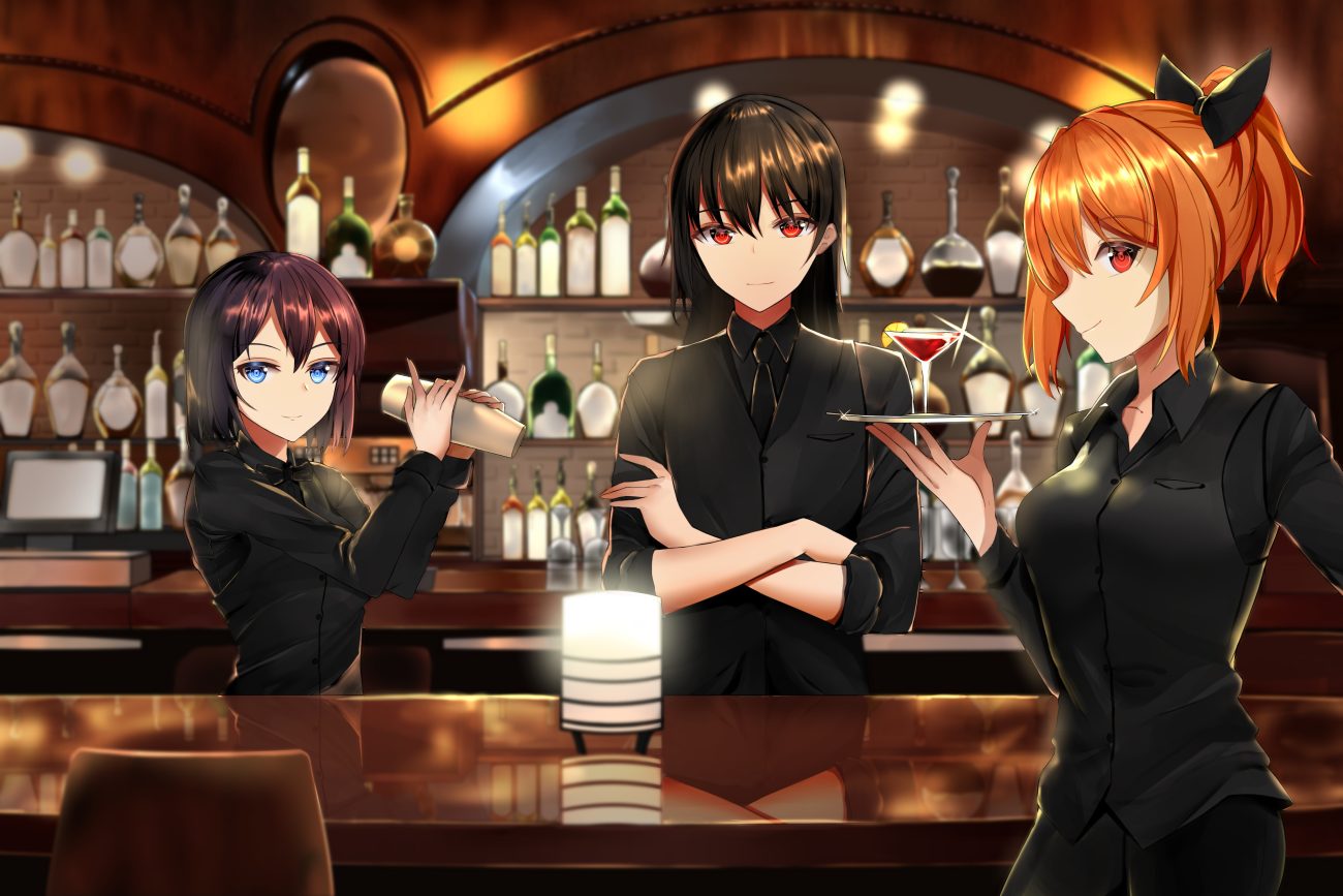 aircell blue eyes bow brown hair drink long hair narynn (character) orange hair original ponytail red eyes reflection short hair suit tie waitress
