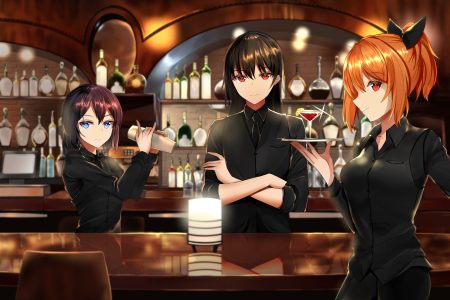 aircell blue eyes bow brown hair drink long hair narynn (character) orange hair original ponytail red eyes reflection short hair suit tie waitress