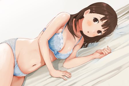 bed blush bra breasts brown eyes brown hair cleavage long hair navel original panties ri (20170103) underwear white