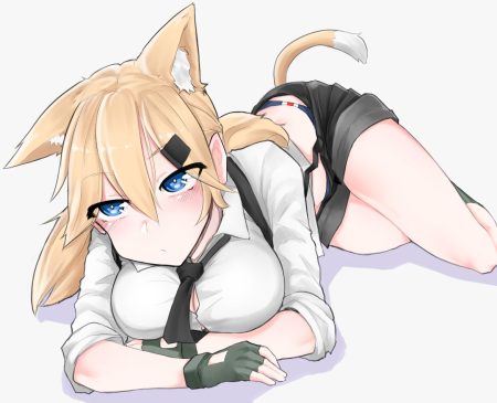 animal ears anthropomorphism blonde hair blue eyes blush breasts catgirl girls frontline gloves idw (girls frontline) k0ng long hair panties shirt shorts tail tie twintails underwear
