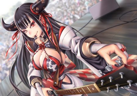 black hair breasts cleavage guitar horns instrument japanese clothes kobu ride long hair re:act red eyes sideboob ushio tia