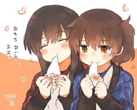 akagi (kancolle) anthropomorphism blush brown hair food ina (1813576) japanese clothes kaga (kancolle) kantai collection long hair orange eyes ponytail short hair