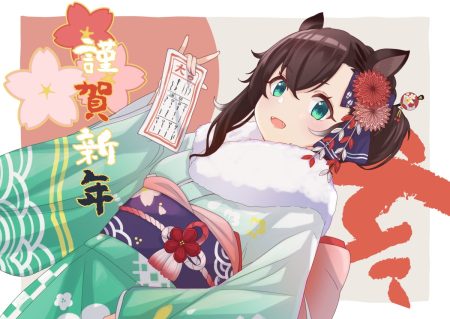 animal ears brown hair fang green eyes japanese clothes kimono original short hair yuki shiro