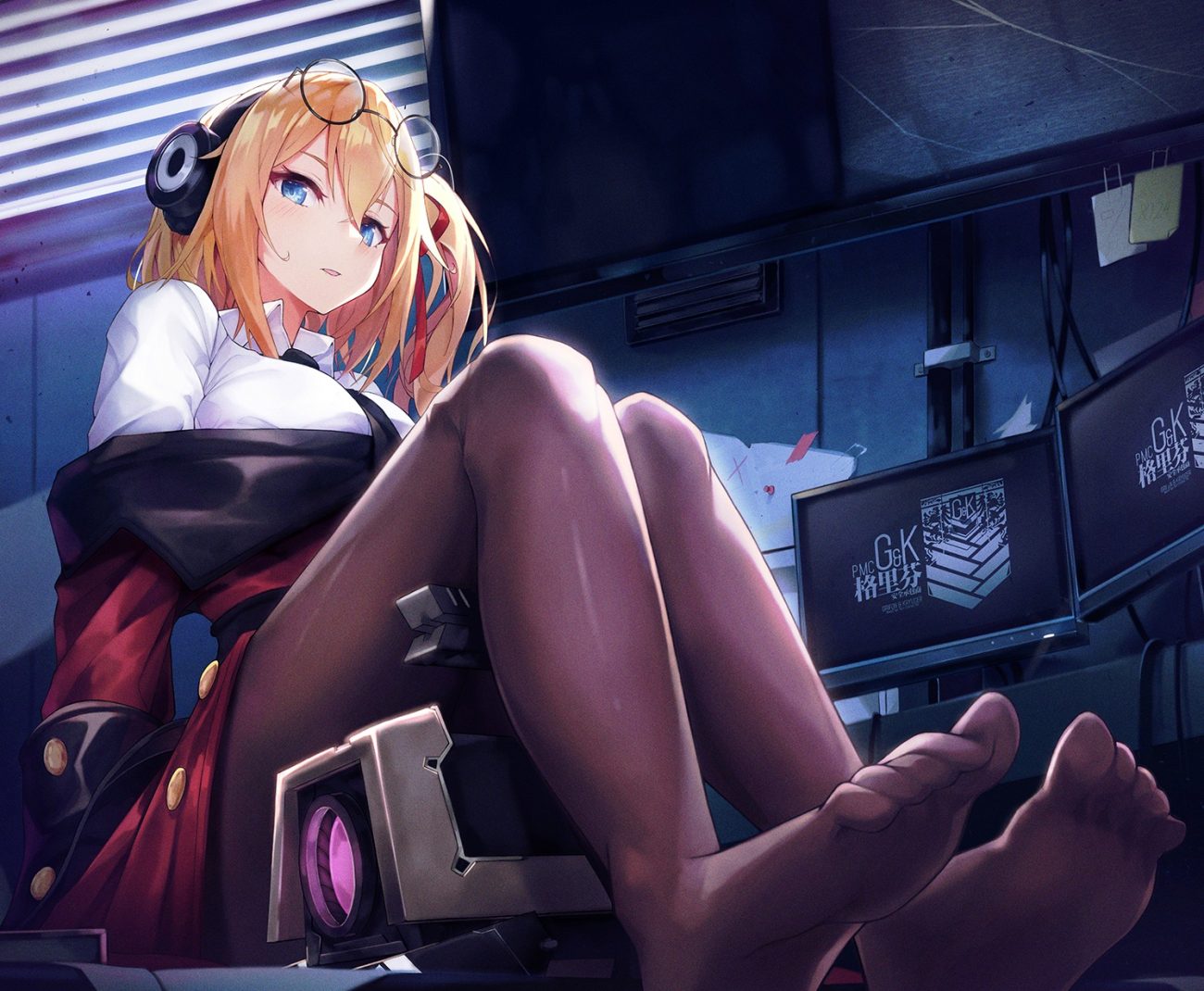 blonde hair blue eyes blush computer cropped girls frontline glasses headphones kalina (girls frontline) pantyhose ponytail pot-palm robot short hair tie