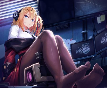 blonde hair blue eyes blush computer cropped girls frontline glasses headphones kalina (girls frontline) pantyhose ponytail pot-palm robot short hair tie