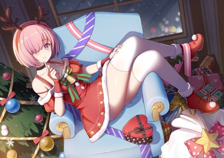 94 (644534209) bell choker christmas dress fate/grand order fate (series) headband jpeg artifacts mash kyrielight pink hair purple eyes short hair thighhighs tree