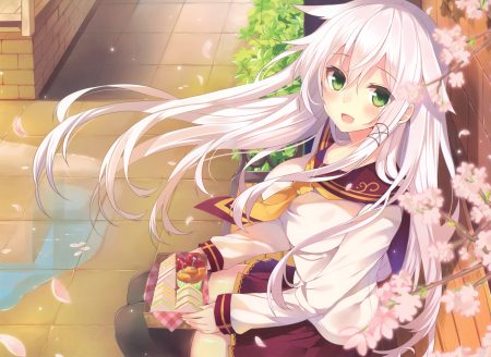 anceril sacred blush cherry blossoms cropped flowers food green eyes long hair mishima kurone original petals pink hair scan school uniform skirt thighhighs zettai ryouiki
