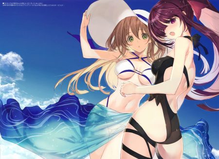 2girls anthropomorphism bikini blush brown hair clouds girls frontline green eyes hat long hair nakamura takeshi navel ponytail purple eyes purple hair scan sky springfield (girls frontline) swimsuit wa2000 (girls frontline)