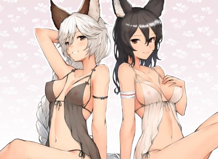 2girls animal ears black hair blush braids breast hold breasts brown eyes granblue fantasy heles ilsa (granblue fantasy) koretsuki aduma long hair navel nipples ponytail see through white hair