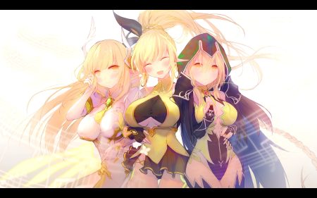 blonde hair blush bodysuit breasts cape cleavage dress elbow gloves elsword gloves hood long hair muike music pointed ears ponytail rena (elsword) skirt underboob yellow eyes