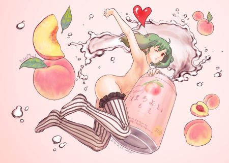 bubbles drink food fruit green hair heart long hair macross macross frontier navel nude pink ranka lee red eyes signed thighhighs wink yuleowl