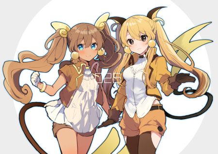 2girls animal ears anthropomorphism aqua eyes blonde hair blush brown eyes brown hair cat smile dark skin gloves ikeuchi tanuma long hair pantyhose pokemon raichu shorts tail twintails wristwear