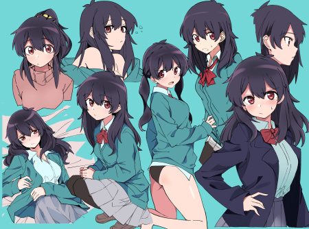 black hair blush bow cyan kazenoko long hair original pantyhose ponytail red eyes school uniform skirt twintails