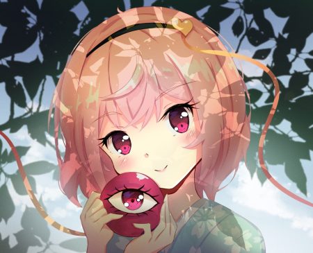 blush close headband japanese clothes kimono komeiji satori leaves pink eyes pink hair shanghaidoll (artist) short hair touhou