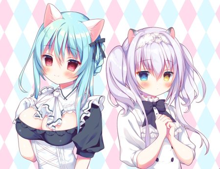 2girls amanagi seiji animal ears aqua hair bicolored eyes breasts catgirl cleavage gray hair maid original red eyes twintails