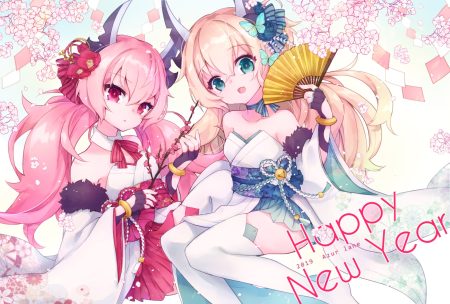 2girls anthropomorphism azur lane blonde hair butterfly cherry blossoms fan flowers gloves green eyes hamakaze (azur lane) horns long hair pink eyes pink hair shichijou natori tanikaze (azur lane) thighhighs