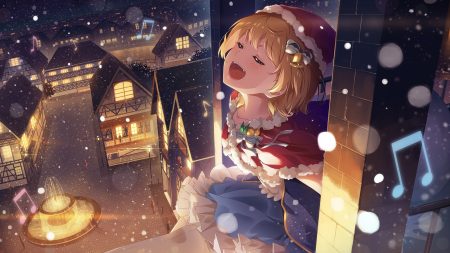 bell bow building cape christmas city hat hololive music narumi nanami santa costume santa hat snow yozora mel