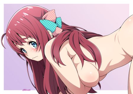 blue eyes blush breast hold breasts kouda tomohiro long hair minamoto sakura nude red hair ribbons signed zombie land saga