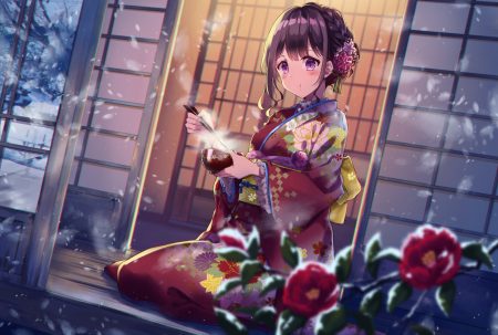blush braids brown hair flowers food japanese clothes kimono kisaragi yuri original purple eyes short hair snow winter