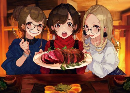 blonde hair blush brown eyes brown hair food glasses long hair original short hair wristwear yuu (higashi no penguin)