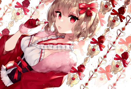 bow brown hair flowers gloves original red eyes rose short hair signed touwa nikuman