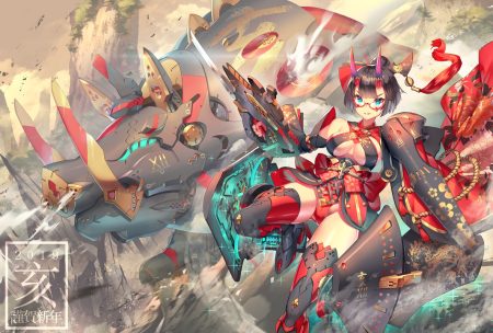 aqua eyes black hair breasts horns jpeg artifacts mecha mechagirl original short hair thighhighs yoshimoto (dear life)