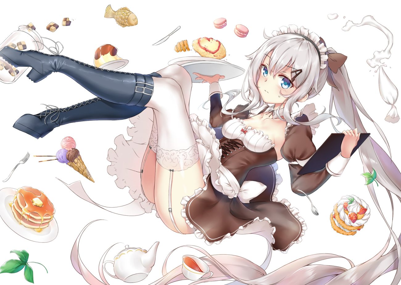 9a-91 (girls frontline) anthropomorphism apron aqua eyes blush boots breasts food fruit garter belt girls frontline gray hair headdress ice cream long hair maid stockings strawberry thighhighs twintails xin (zinc)