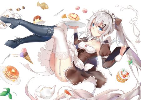 9a-91 (girls frontline) anthropomorphism apron aqua eyes blush boots breasts food fruit garter belt girls frontline gray hair headdress ice cream long hair maid stockings strawberry thighhighs twintails xin (zinc)