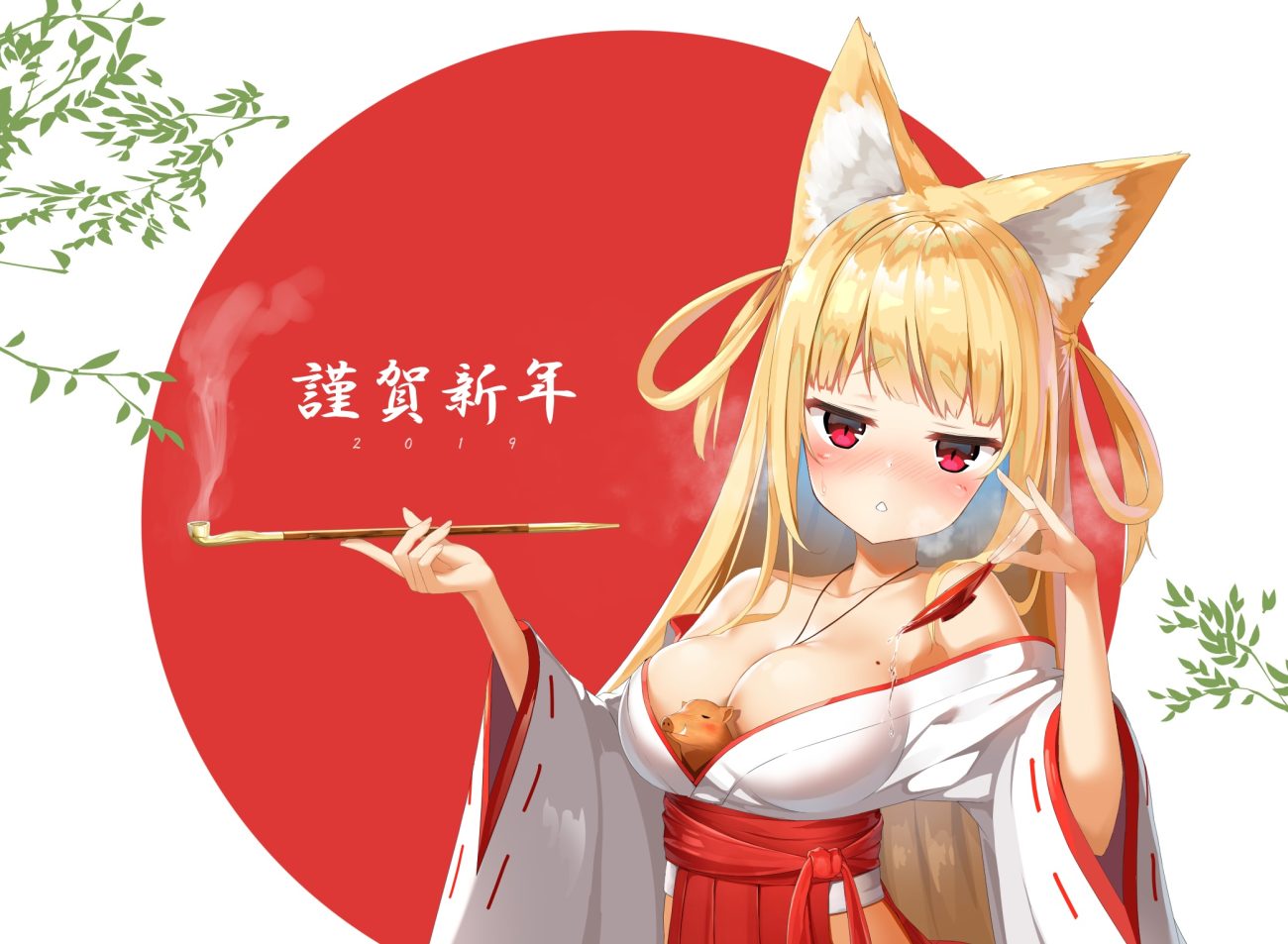 animal animal ears blonde hair blush breasts drink foxgirl japanese clothes kurotobi rarumu miko original red eyes sake smoking