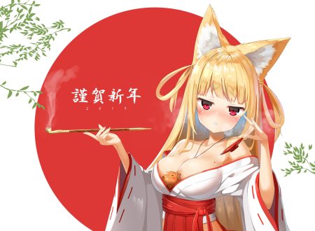 animal animal ears blonde hair blush breasts drink foxgirl japanese clothes kurotobi rarumu miko original red eyes sake smoking