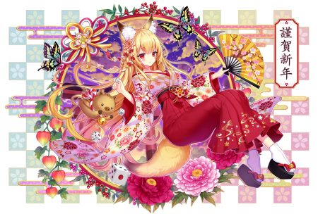 animal animal ears bell blonde hair butterfly fan flowers foxgirl japanese clothes kasugaya kimono long hair original red eyes socks tail
