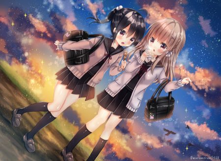 2girls black hair blush braids brown eyes brown hair clouds food grass kneehighs kohaku muro long hair original ponytail school uniform signed sky stars sunset