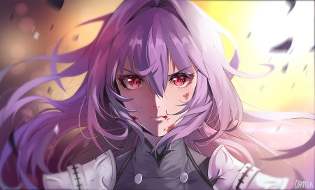 armor blood close damda fate/grand order fate (series) long hair purple hair red eyes scathach (fate/grand order) signed waifu2x