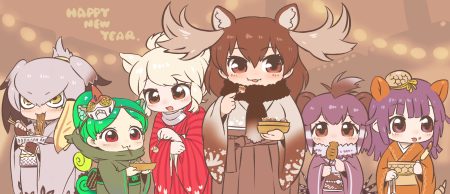 animal ears anthropomorphism blonde hair brown brown hair crested porcupine (kemono friends) giant armadillo (kemono friends) gloves gray hair green hair japanese clothes kemono friends kimono kuro (kurojill) mask moose (kemono friends) panther chameleon (kemono friends) purple hair red eyes scarf shoebill (kemono friends) white rhinoceros (kemono friends) yellow eyes