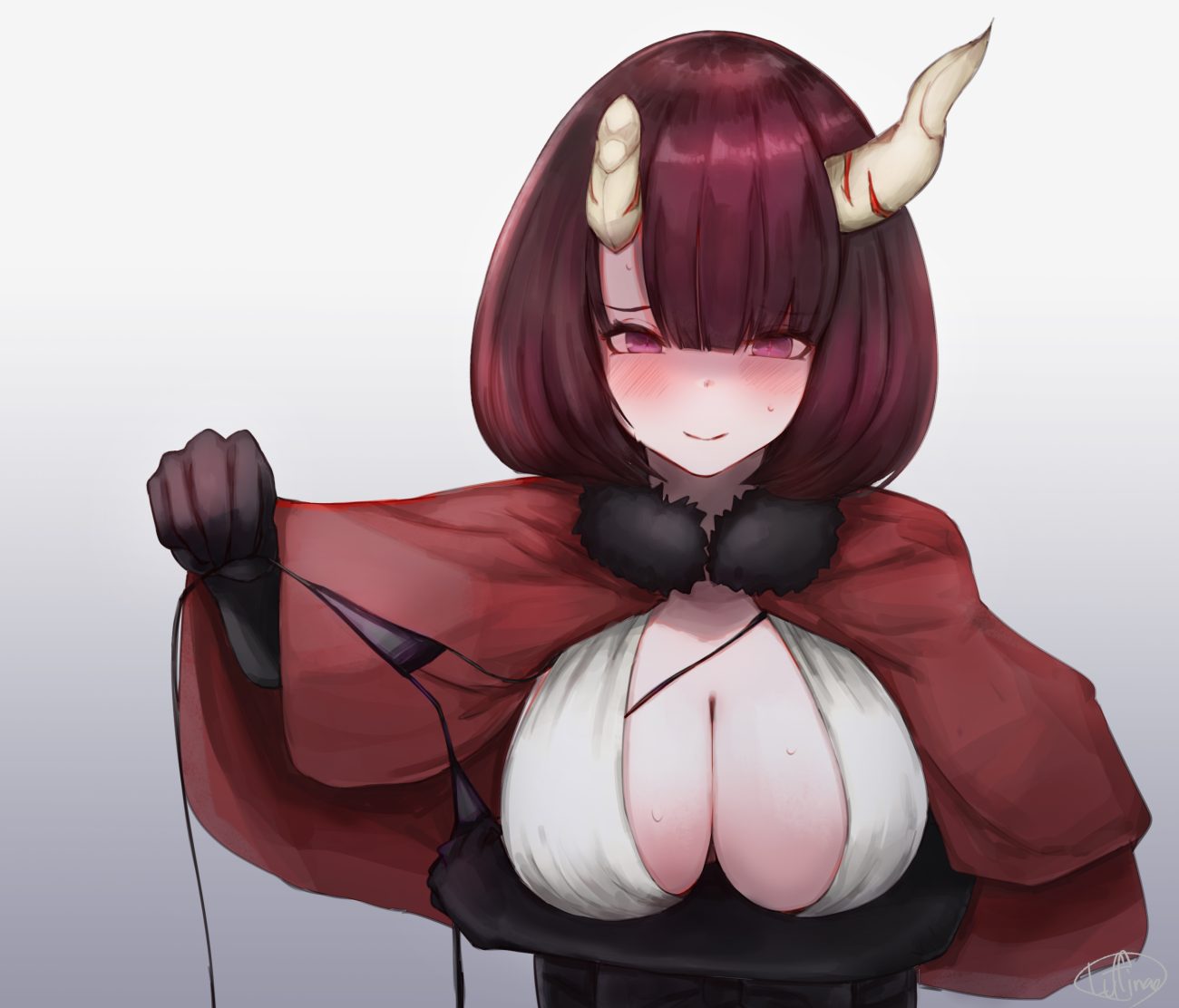 bikini top blush breast hold breasts brown hair cape cleavage demon elbow gloves gloves gradient hemachi horns kuraishi eriko no bra princess connect! purple eyes short hair signed