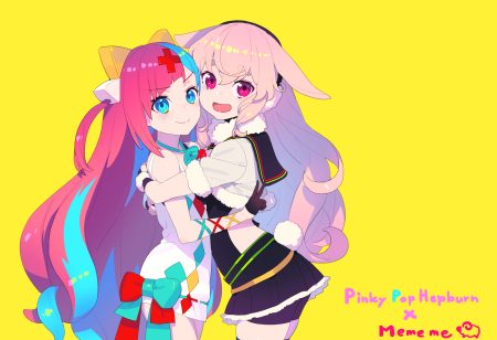 2girls animal ears aqua eyes bike shorts bow bunny ears bunnygirl dress earmuffs gloves hug .live long hair mokota mememe nagisa kurousagi pink eyes pink hair pinky pop hepburn shorts skirt tail the moon studio yellow