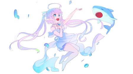 animal aqua eyes barefoot bubbles dress fish long hair nagisa kurousagi necklace pointed ears twintails underwater water white white hair