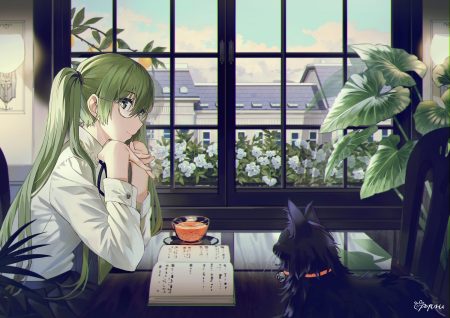 animal bell book building cat drink flowers glasses green eyes green hair hatsune miku long hair popuru signed skirt twintails vocaloid