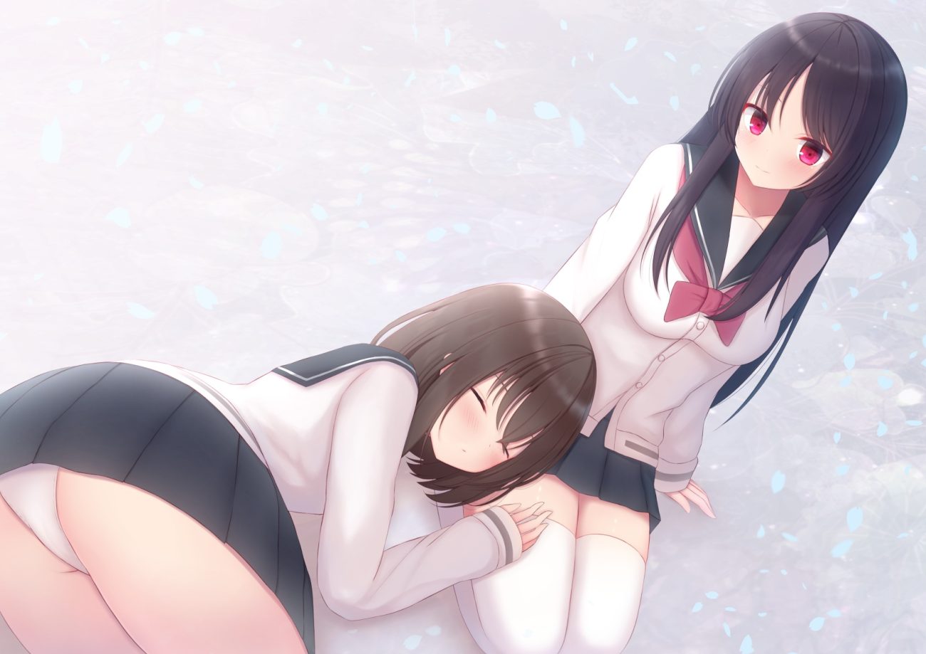 2girls ass black hair blush brown hair cameltoe firepo long hair onjouji toki panties red eyes saki shimizudani ryuuka short hair skirt sleeping thighhighs underwear zettai ryouiki