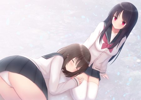 2girls ass black hair blush brown hair cameltoe firepo long hair onjouji toki panties red eyes saki shimizudani ryuuka short hair skirt sleeping thighhighs underwear zettai ryouiki