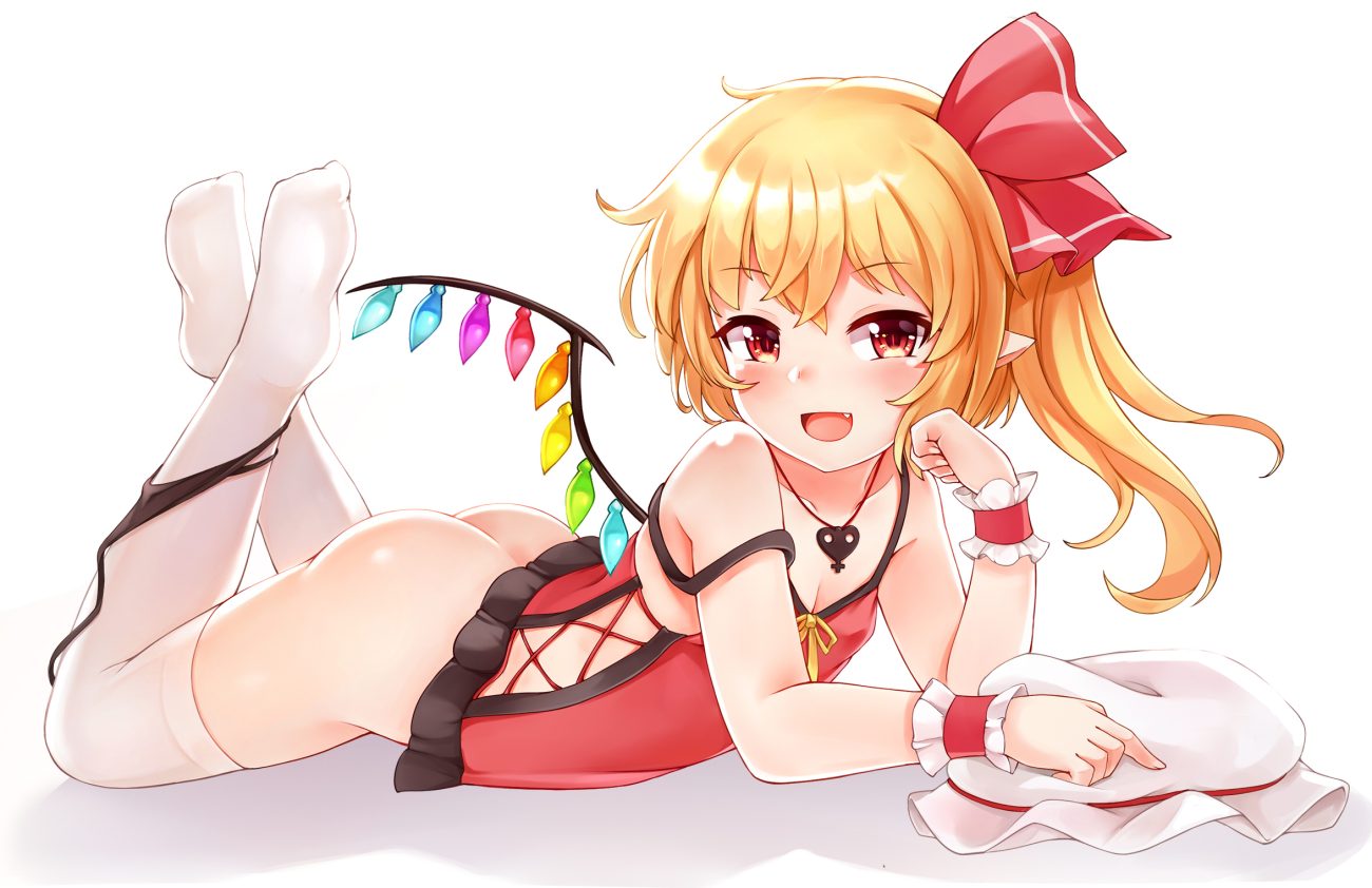 ass blonde hair bushi (1622035441) fang flandre scarlet hat loli necklace nopan panty pull pointed ears red eyes thighhighs touhou vampire white wings wristwear