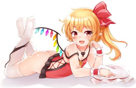 ass blonde hair bushi (1622035441) fang flandre scarlet hat loli necklace nopan panty pull pointed ears red eyes thighhighs touhou vampire white wings wristwear