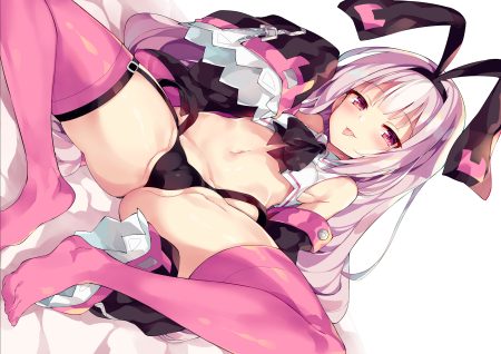 anthropomorphism azur lane blush cameltoe hobby (azur lane) loli long hair navel panties pink eyes spread legs thighhighs unacchi (nyusankin) underwear white hair